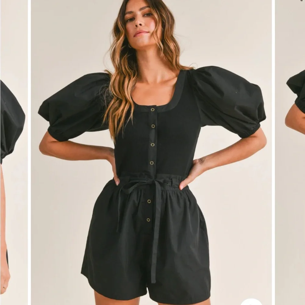 MABLE puff sleeve black romper, tie waist, Georgina, Small - Picture 4 of 9